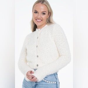 Guess NWT White Bouclé Cardigan Soft Feather Knit Silver Hardware, Size S